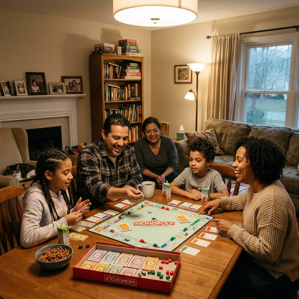 Family members playing Monopoly around a dining table